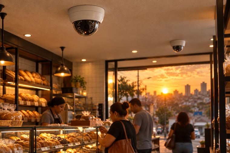 Padaria de bairro com câmeras dome no teto sobre o balcão