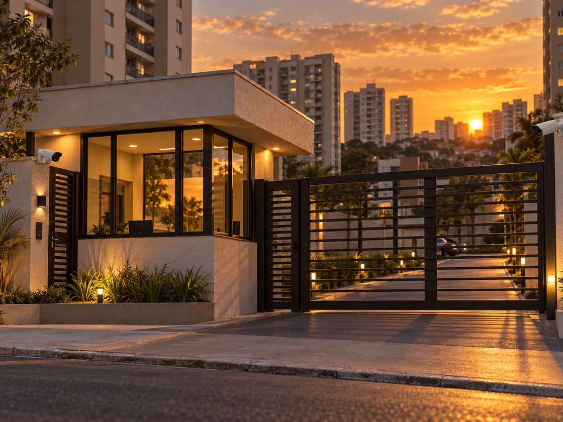 Portaria de condomínio residencial com guarita, portão de garagem e câmeras nos postes