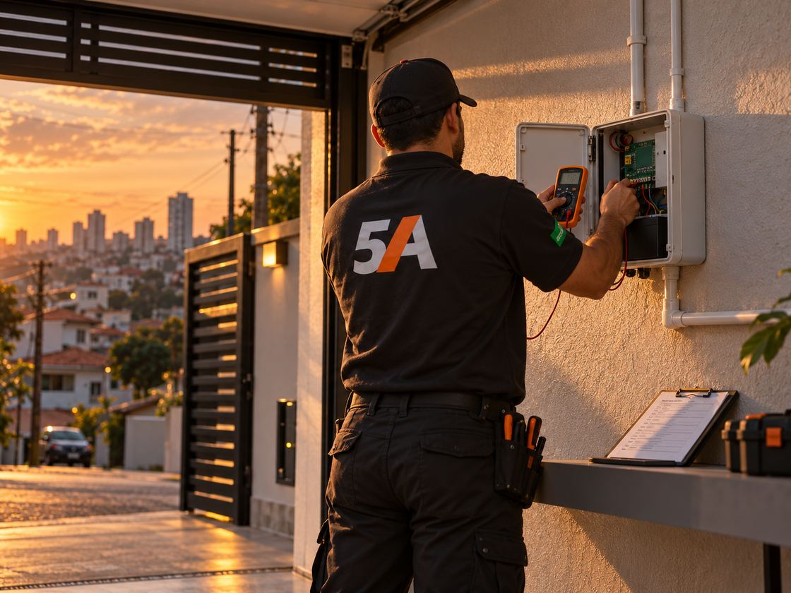Técnico da Comercial 5A medindo com multímetro a central de cerca elétrica instalada na garagem