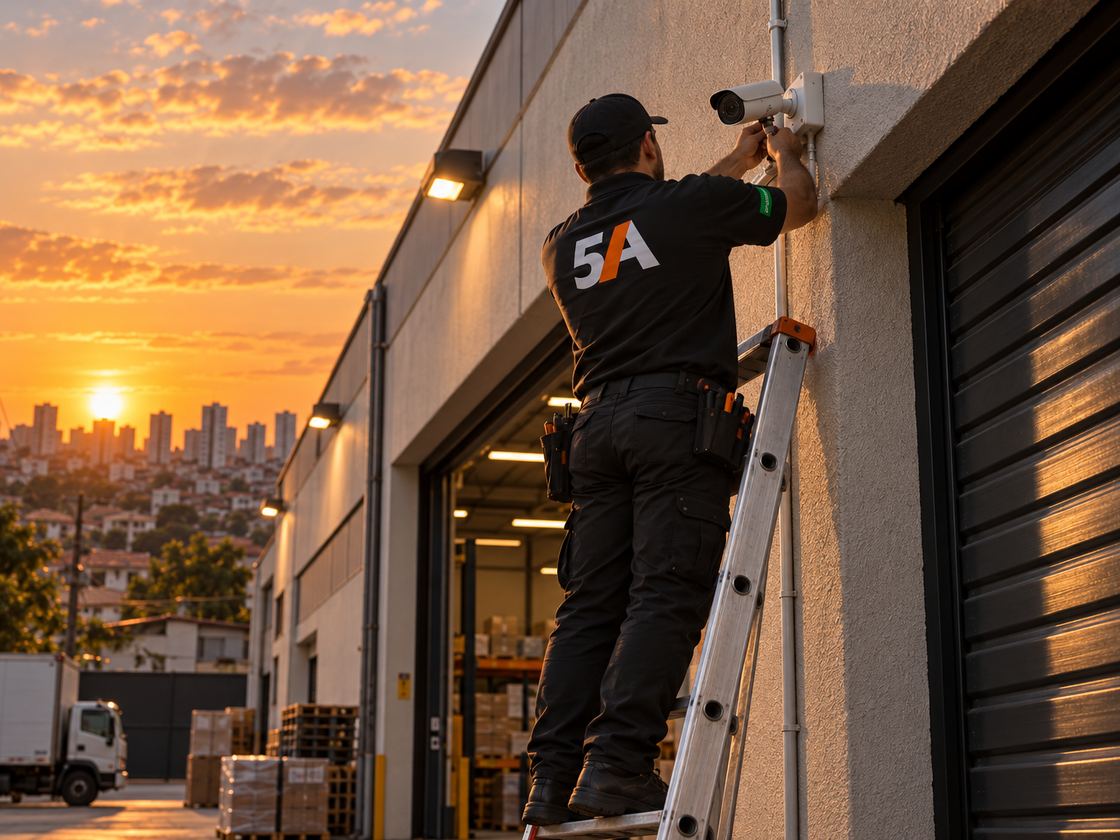 Técnico da Comercial 5A em escada instalando câmera acima do portão de carga de um galpão