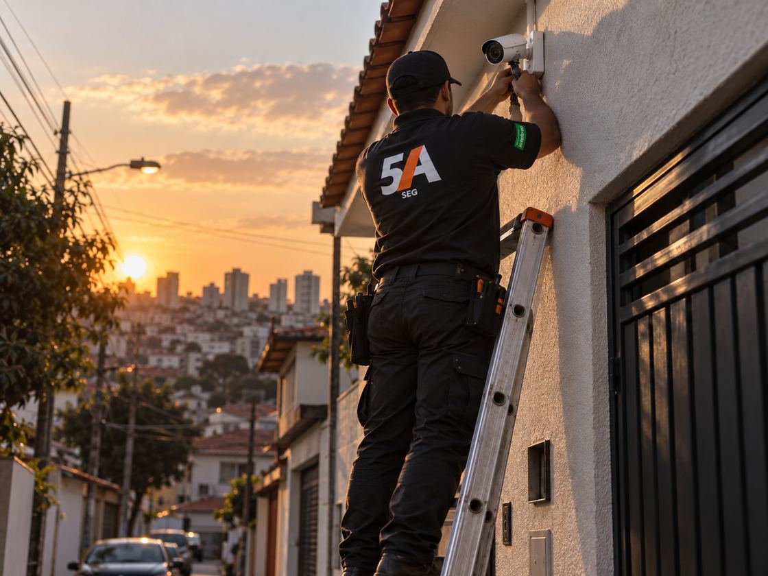 Técnico da Comercial 5A instalando câmera de segurança em fachada residencial