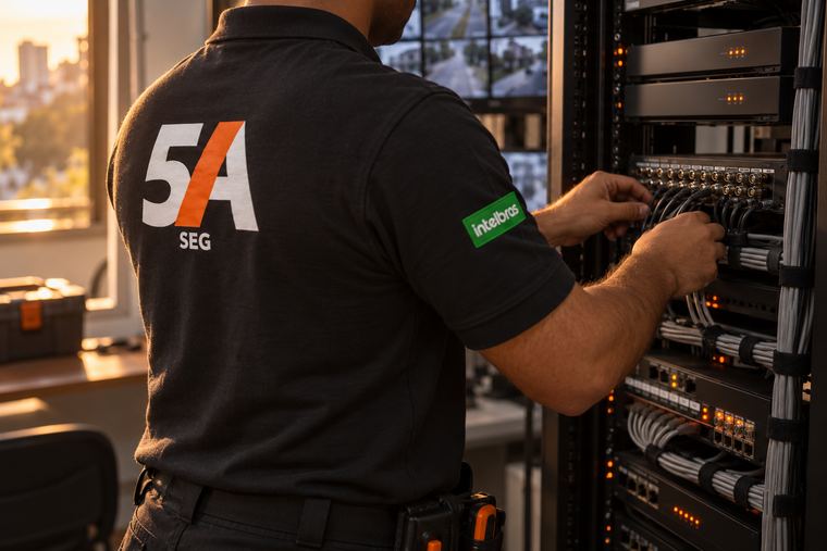 Técnico da Comercial 5A em manutenção preventiva, conferindo rack de gravação